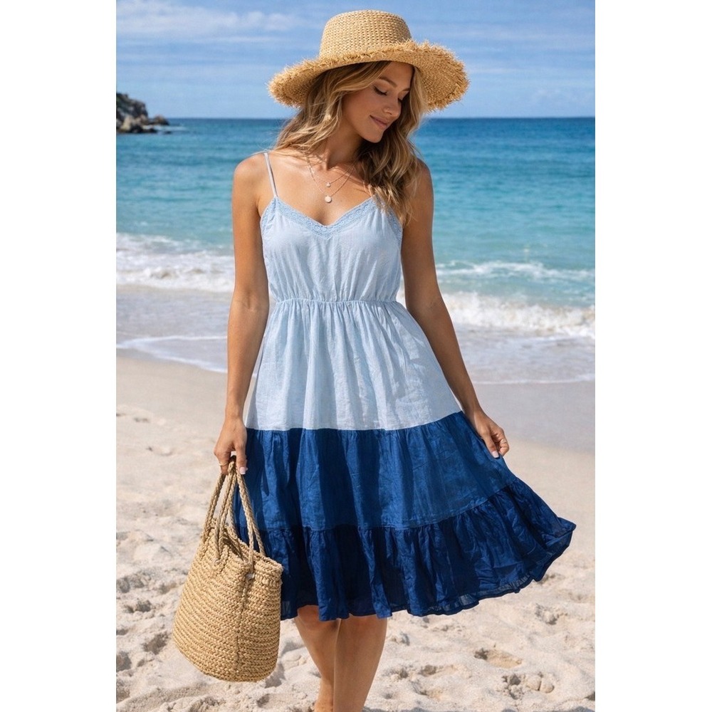 J Gee Petite XL Sundress Womens Colorblock Tiered Midi Smocked‎ Bodice coastal